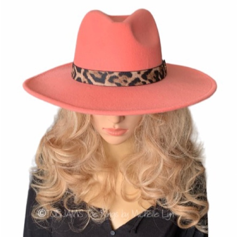 HAT Juicy Peach Coral Fedora Hat, Leopard Attached Hat Band Bohemian …